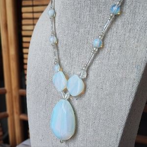 Blue Opalite Opaline Glass Y Design Necklace Silver Tone Barrel Clasp Artisan